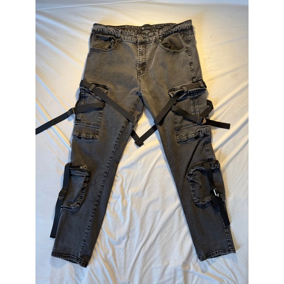 Waimea Other - Waimea Mens 38x32 Skinny Fit Cargo Jeans Washed Black Tactical Strap Techwear